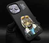 Luxury Santa Barbara Polo Club Black Tiger Leather Back Case for iPhone 14 Pro Max